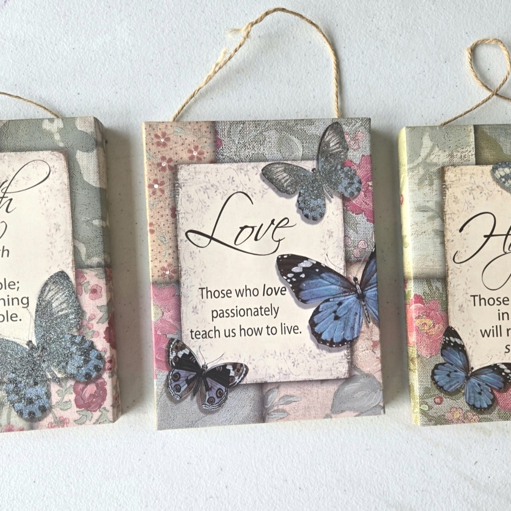 1114 Faith, hope, and love wall hanging canvas decor.  Butterfly Wall Art Trio